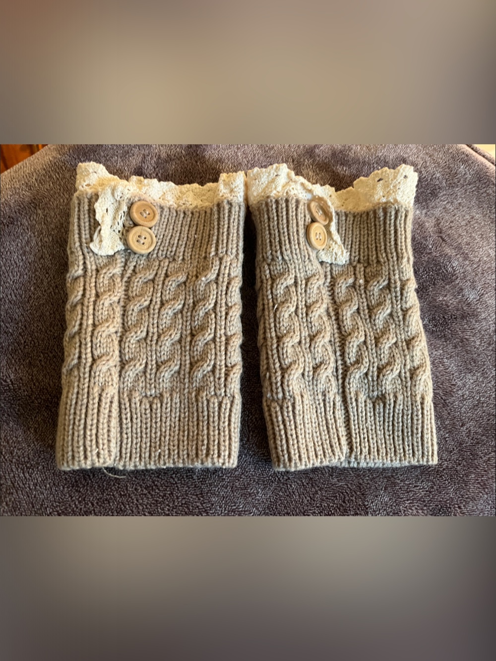 Beige Cable-Knit Lace Trim Boot Cuffs with Button Accents